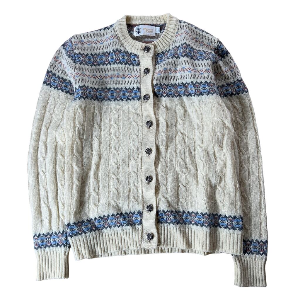 Winona Knits Cardigan Womens L White Cable-Knit Fair Isle Button USA Heavyweight